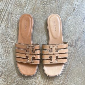 Tory Burch Ines Slide Tan Leather Multi-Strap Logo Sandals Womens 6